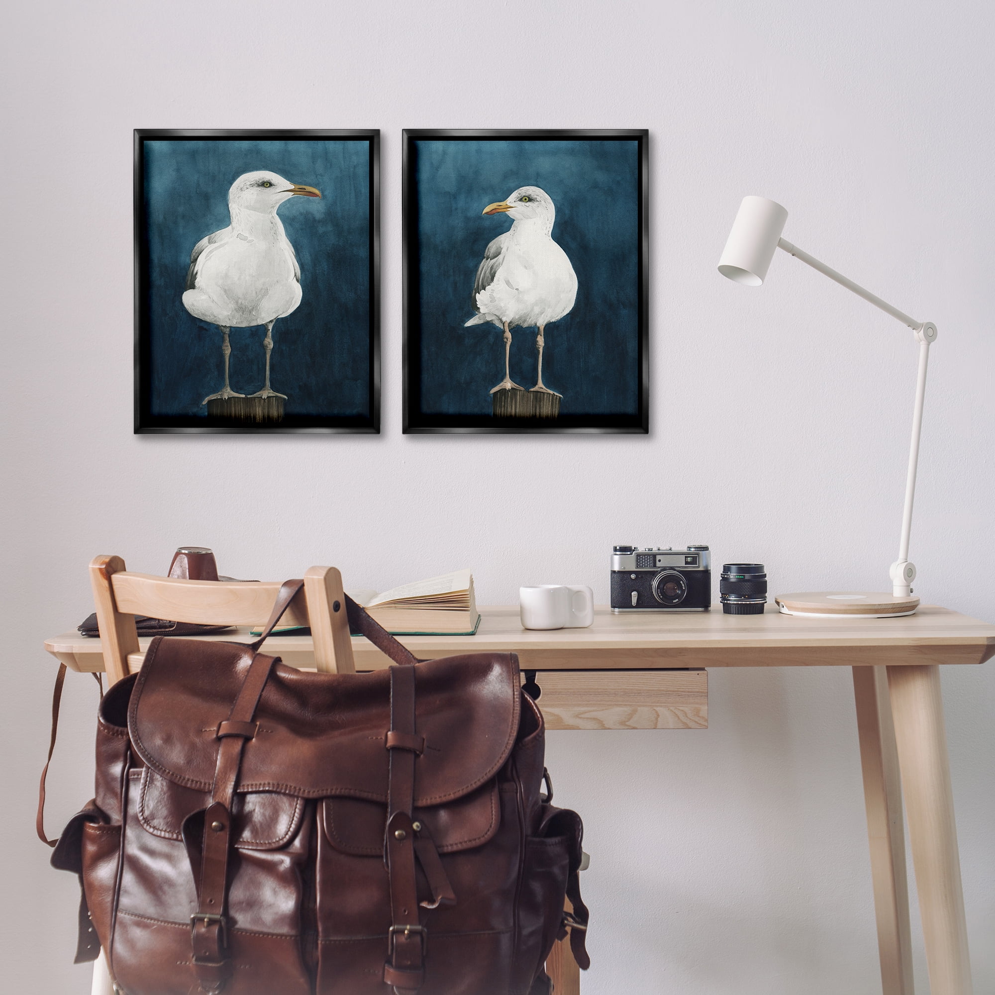 Stupell Industries Seagull Standing on Log Animals Painting Black Floater Framed Canvas Art Print Wall Art, 17 x 21, Set of 2