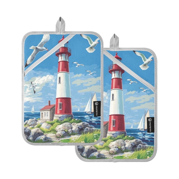 Qxltty Coastal Lighthouse Oven Mitts 2-Pack Heat Resistant Quilted Oven Gloves with Hanging Loop for Microwave BBQ & Kitchen Use