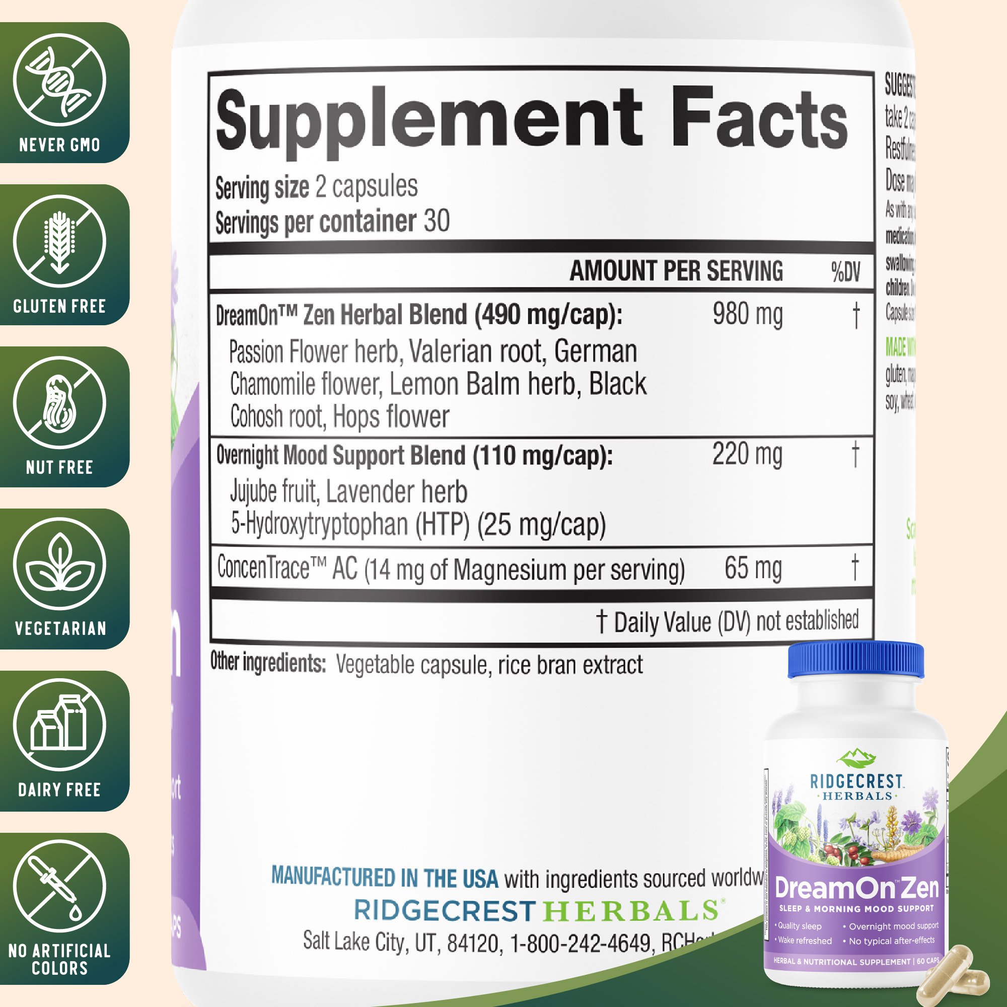RidgeCrest Herbals DreamOn Zen, Sleep Aid and Mood, Calm Support Supplement, Melatonin Free, Magnesium, 5-HTP, Lavender, Chamomile, Valerian, Lemon Balm (60 Caps, 30 Serv)