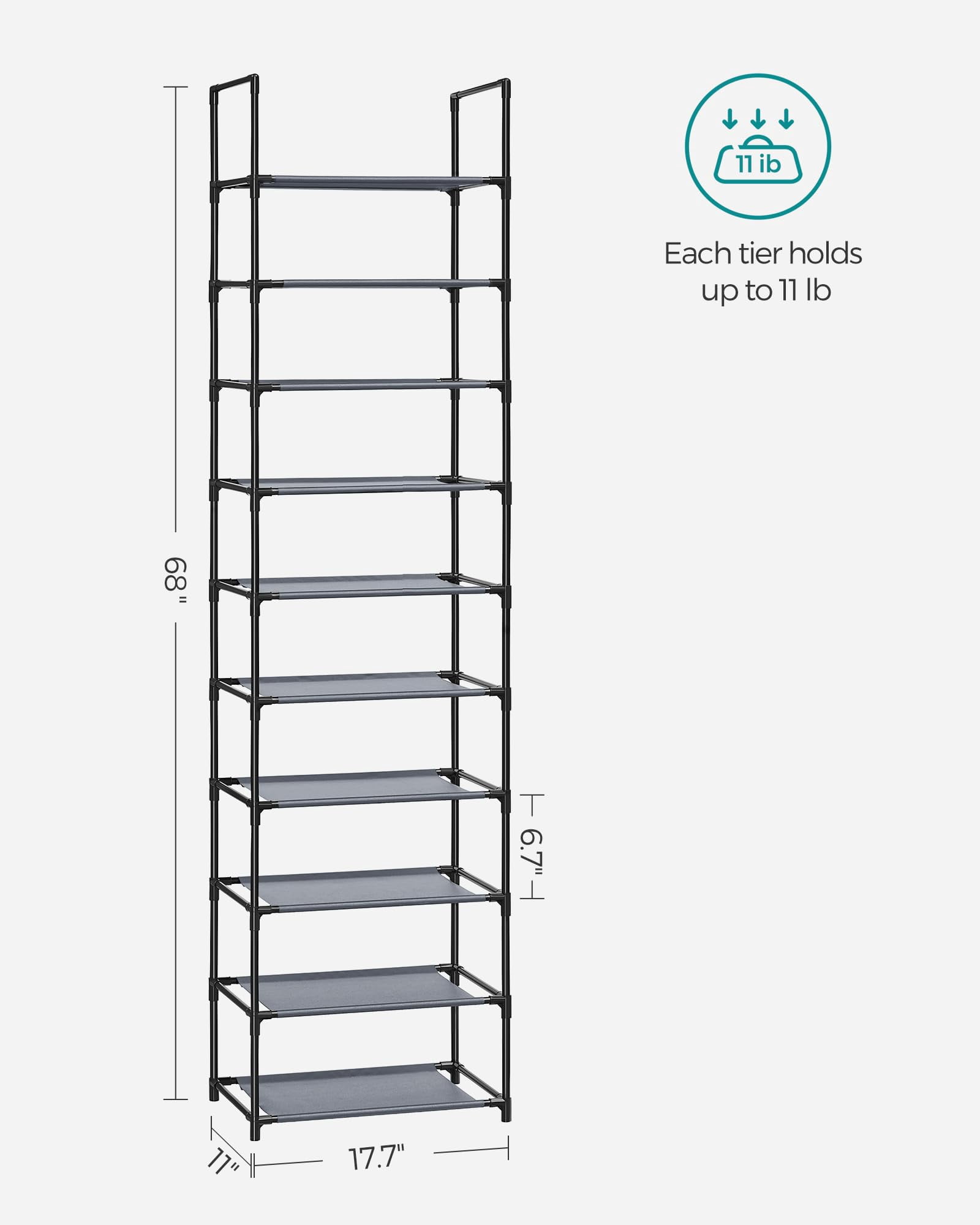 Songmics Shoe Rack  10-tier Shelf Storage Organizer 11 X 17.7 68 Inches Metal Frame Non-woven Fabric Shelves For Entryway Bedroom Gray Ulsh010g01
