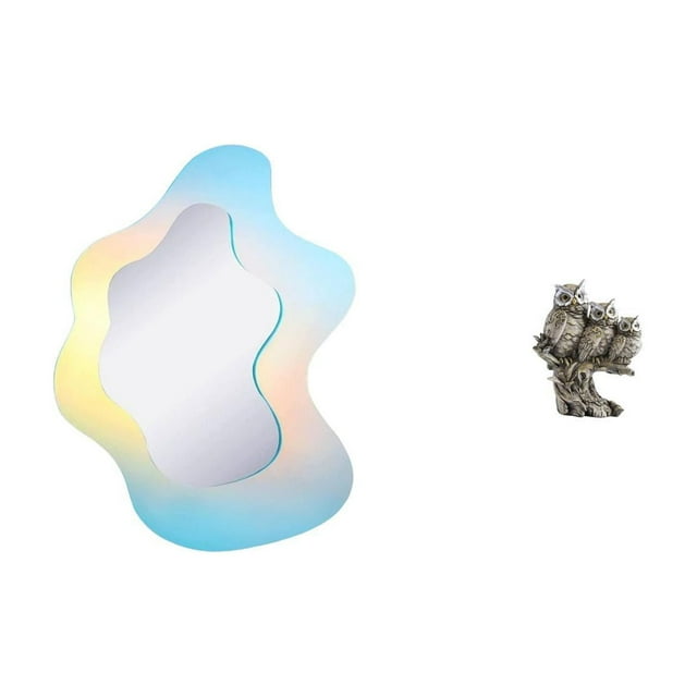 Espejo de maquillaje ondulado de acrílico, espejo decorativo moderno para baño y pared, con figuras de búho y estatua de búho como adorno de mesa.