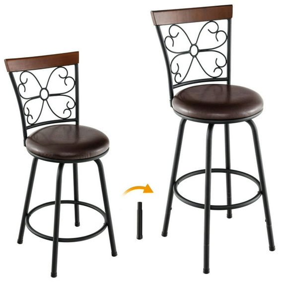 Spaco 2 Pieces 24-30 Inch Adjustable PU Cushioned Swivel Barstools-Brown, Bar Height Stools, Counter Height Bar Stools for Kitchen, Dining Room