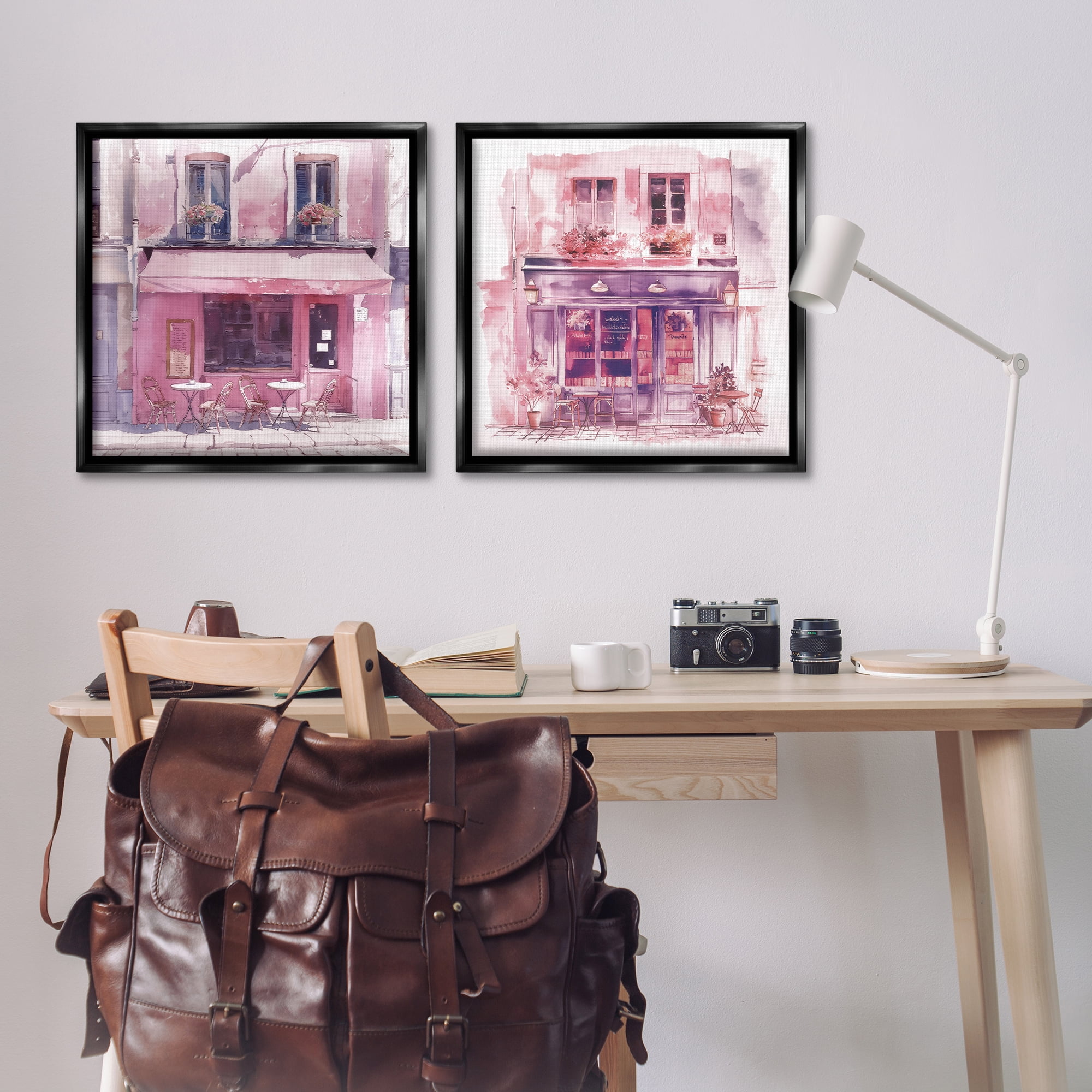 Stupell Industries Pink Outdoor Café Tables Buildings & Architecture Painting Black Floater Framed Canvas Art Print Wall Art, 25 x 25, Set of 2