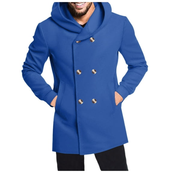 Caqnni Mens Wool Blend Pea Coat Jacket Double Dress Coat (Blue,XL)