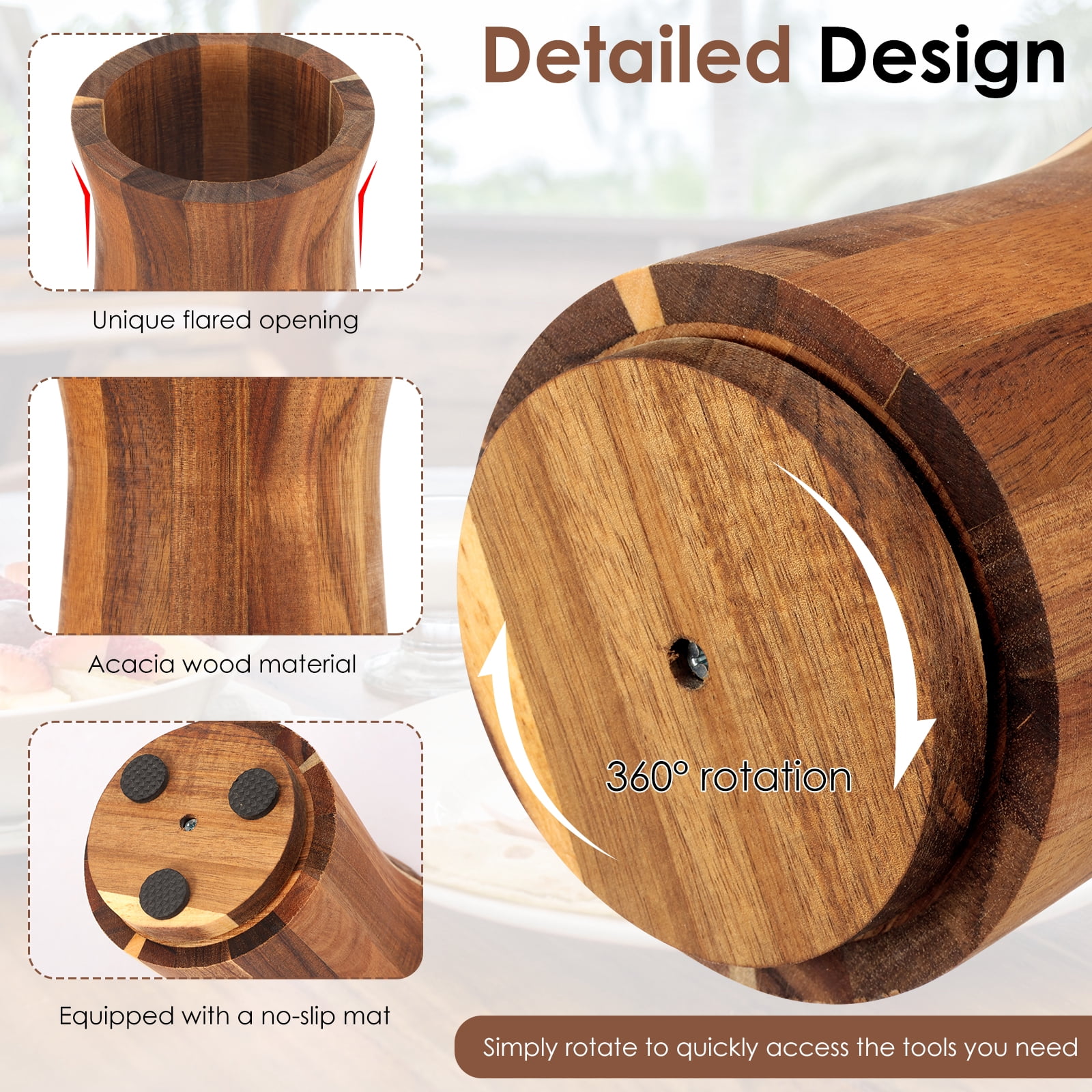 NUAHRHY 5.83" Utensil Holder, 360° Rotating Cooking Utensil Crock for Countertop, Acacia Wood Cooking Tool Organizer for Kitchen Counter Spatula Storage, Natural Kitchen Decor