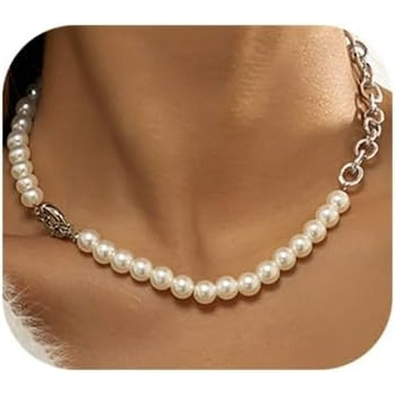 Chunky Link Chain Necklace Half Pearl Half Chain Necklace Baroque Pearl Choker Necklace Cultured Pearl Fashion Accessories for Women Men(silver)