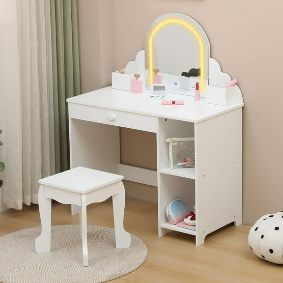 Danolapsi Kids Vanity with Lighted Mirror, 2 in 1 Little Girls Vanity Table & Stool, Kids Makeup with Drawer & Open Shelves for 3-9 Yrs Girls