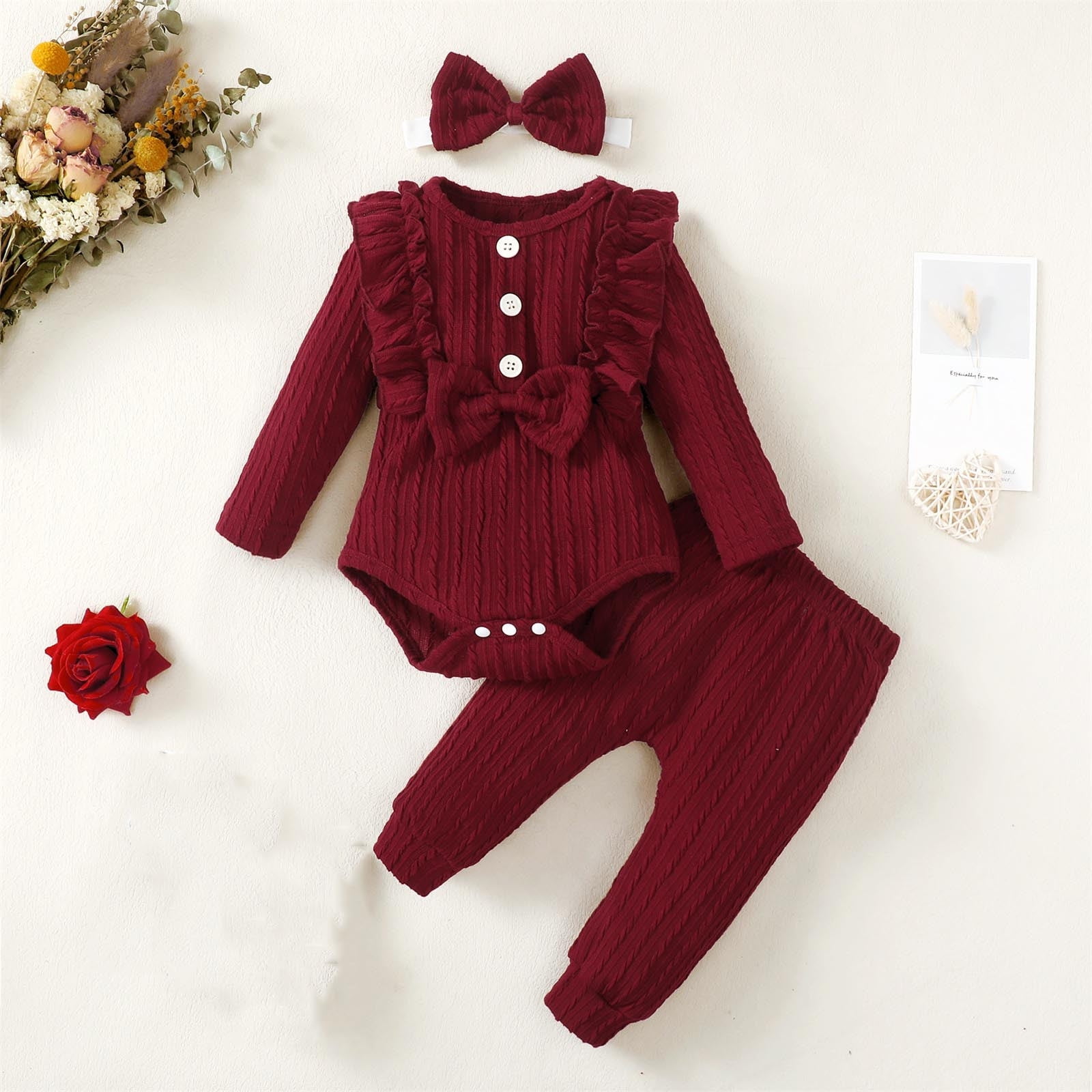 SHTXOZHI Baby Girls Fall Winter Clothes Long Sleeve Ruffle Romper Pants Headband Toddler Outfit