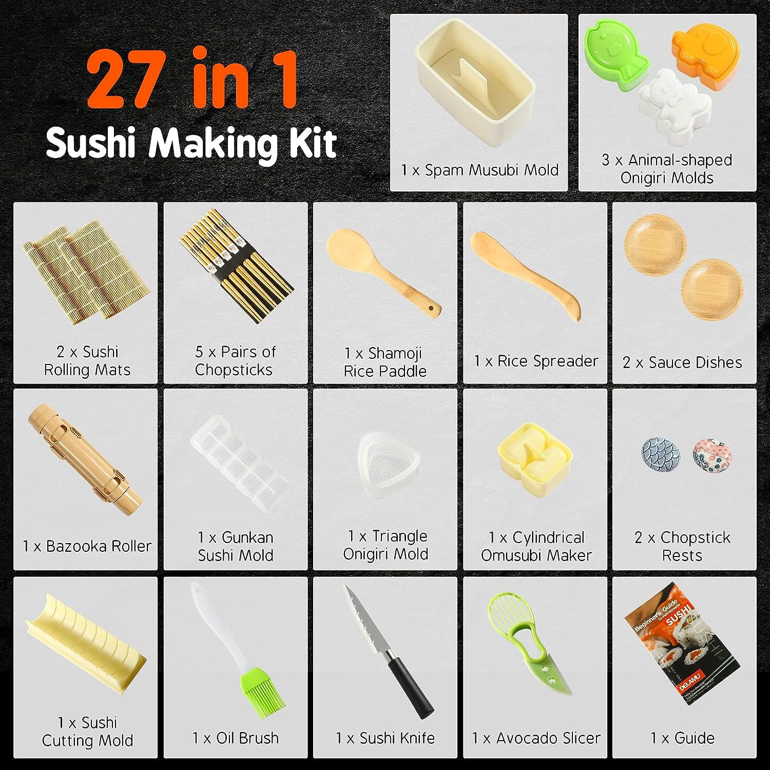 Delamu Sushi Making Kit, Upgrade 22 in 1 Sushi Maker Bazooker Roller Kit  with Bamboo Mats, Chef's Knife, Triangle/Nigiri/Gunkan Sushi Rice Mold