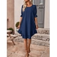 thumbnail image 6 of Solid Puff Sleeve Ruffle Hem Smock Round Neck Loose Ruched Beach Short Dress Dark Blue XXXL, 6 of 9