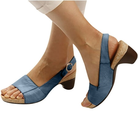 

Bescita Women Summer Sandals Comfort Elegant Low Chunky Heel Shoes Casual Thick Heel Sandals Pumps Ankle Buckle Open Toe
