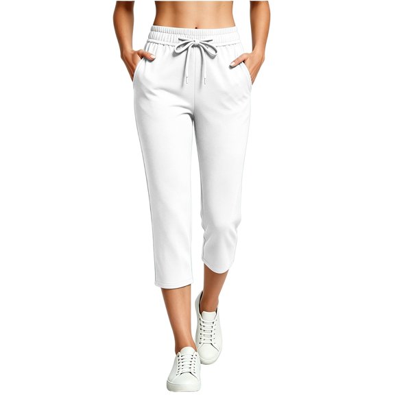 Khunlpohl Capris Pants for Women Drawstring Elastic Waist Joggers Pant Straight Leg Casual Capri Pant with Pockets