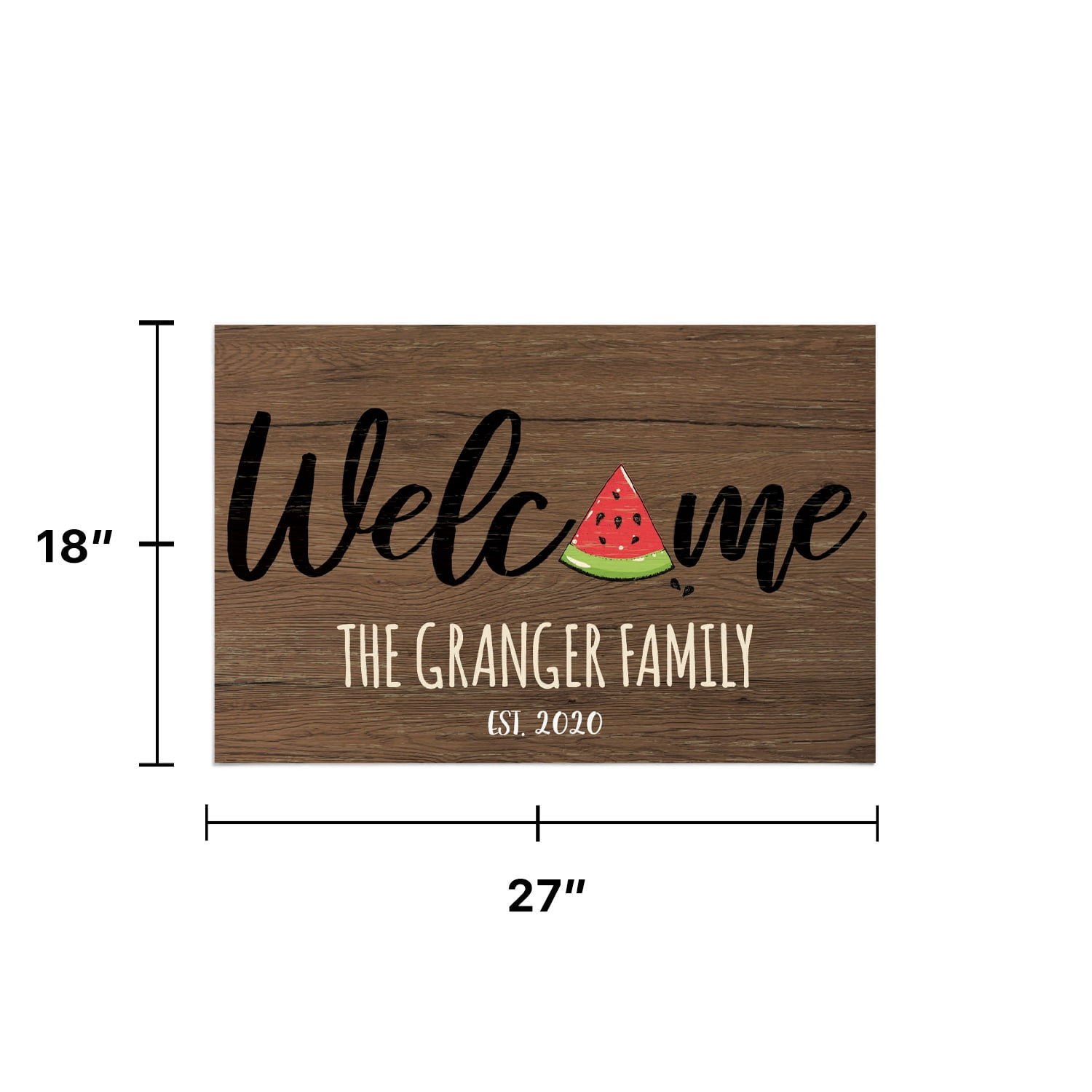 Personalized Planet 27x18 Watermelon Welcome Doormat with Custom Personalization Printed on Brown Rectangular 1/8” Thick Non Slip Mat for Kitchen Hallway Deck or Porch