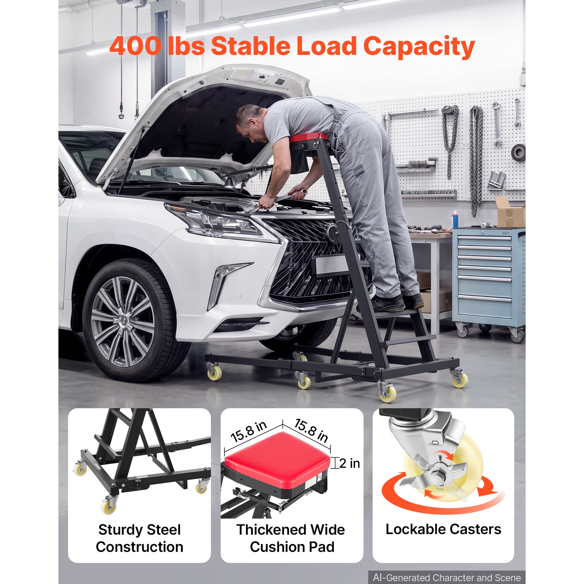 KFFKFF Adjustable Automotive Creeper 48"-76" with Folding Arm, Foldable High-Top Engine Creeper, 400LBS Capacity, Durable H-Shaped Base, 6-Wheel Smooth Mobility for Vehicle Maintenance