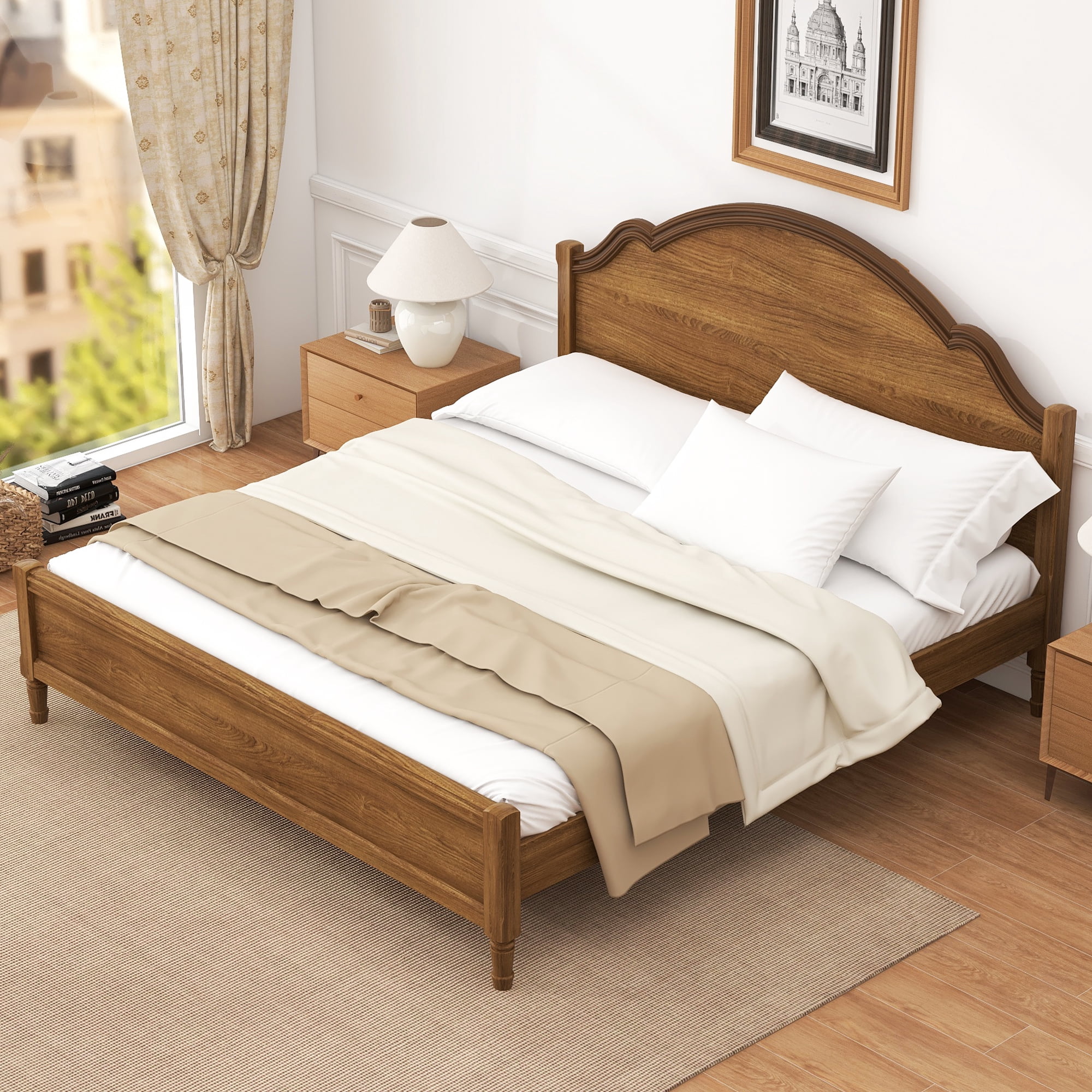 Euroco Wood King Size Platform Bed with Headboard, No Spring Box Needed, Walnut