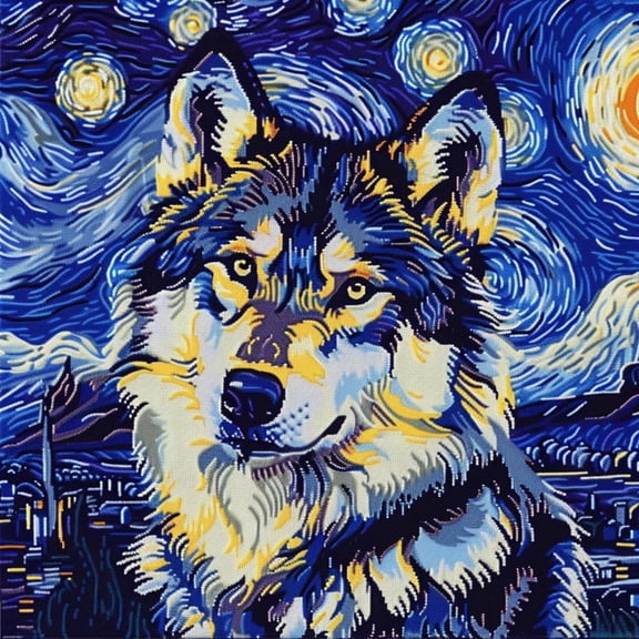 Starry Blue Night Wolf DIY 11CT Stamped Cross Stitch Kits for Beginners Easy Needlepoint Embroidery Counted Cross Stitch Art Craft for Wall Decoration 14x14inch(4)