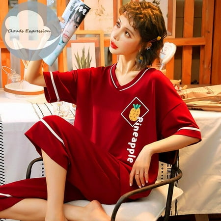 

QWZNDZGR New Arrivals Knitted Cotton Summer Short Sleeved Plus Size M-5XL Women Pajamas Set Pyjamas Women Sleepwear Cute Cartoon Pijamas