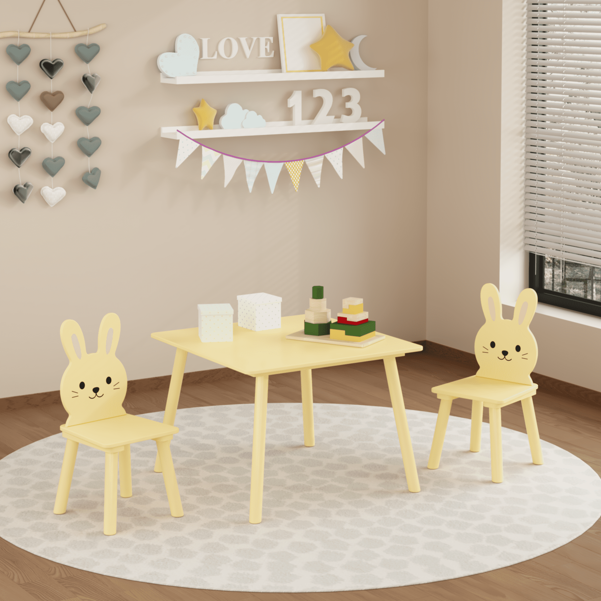 Kids Table and Chair Set with 2 Bunny Chairs, Children's Wooden Activity Table for Toddlers, Cute Animal Design Study Play Set for Playroom, Bedroom, Classroom
