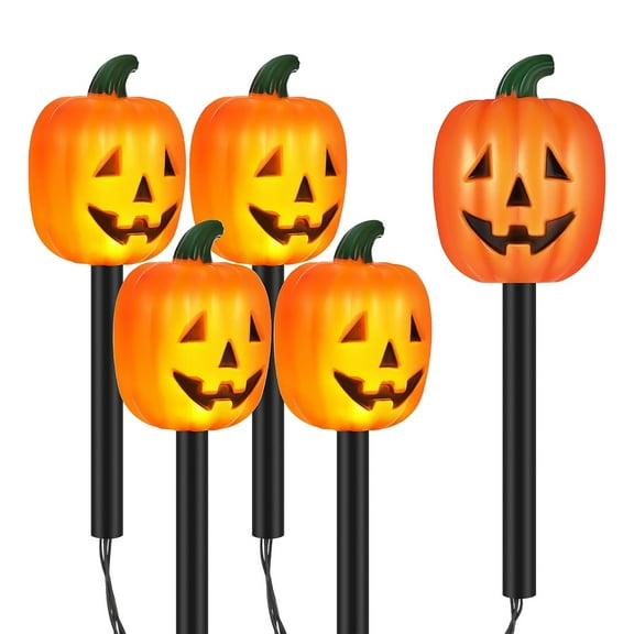 HCTSHG Set of 5 Halloween Pathway Markers Lights, Battery Operated Plastic Jack-O-Lantern Shaped Pumpkin Lawn Garden Stakes Clear Lights for Party Outdoor Halloween Decor