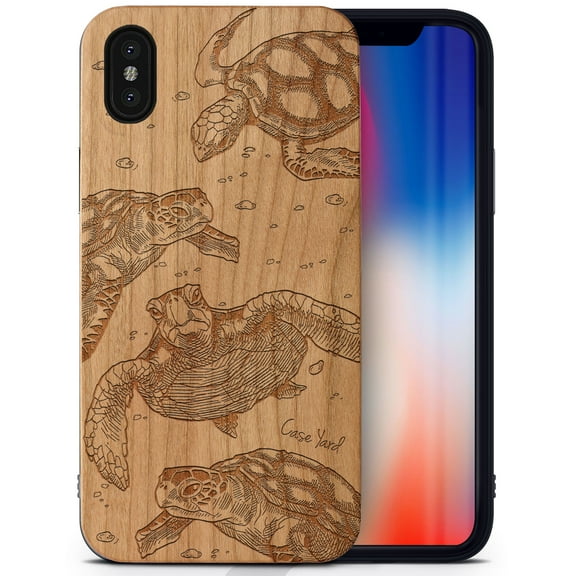 Case Yard Wooden Case Outside Soft TPU Silicone, Slim Fit Shockproof Wood Protective Phone Cover for Girls Boys Men and Women, Supports Wireless Charging Tortugas Design case for iPhone-X