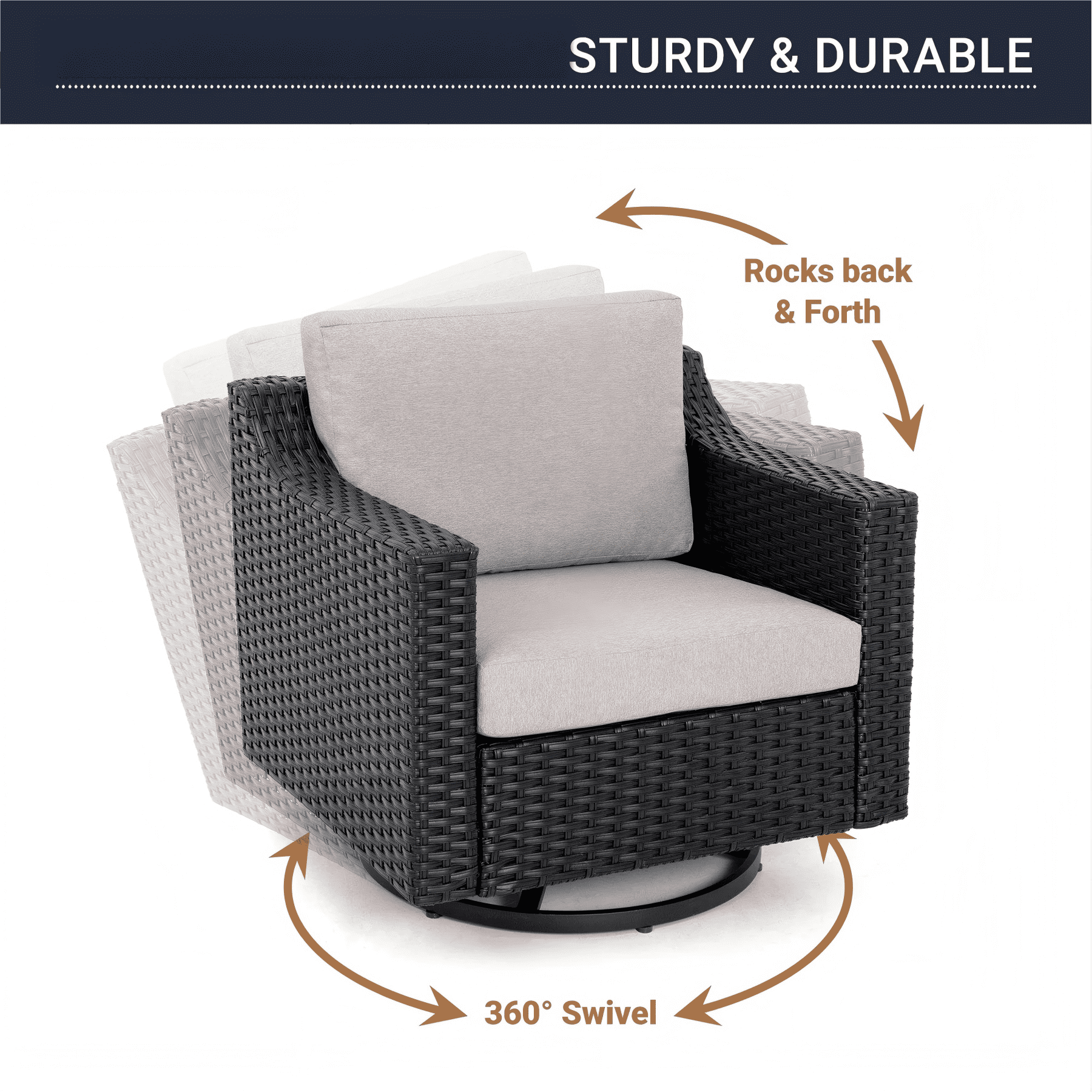 3 Piece Patio Bistro Set with 360 Swivel Patio Chairs, Outdoor Wicker Patio Furniture Set with Cushions and Side Table for Balcony Porch Backyard, Brown/Grey