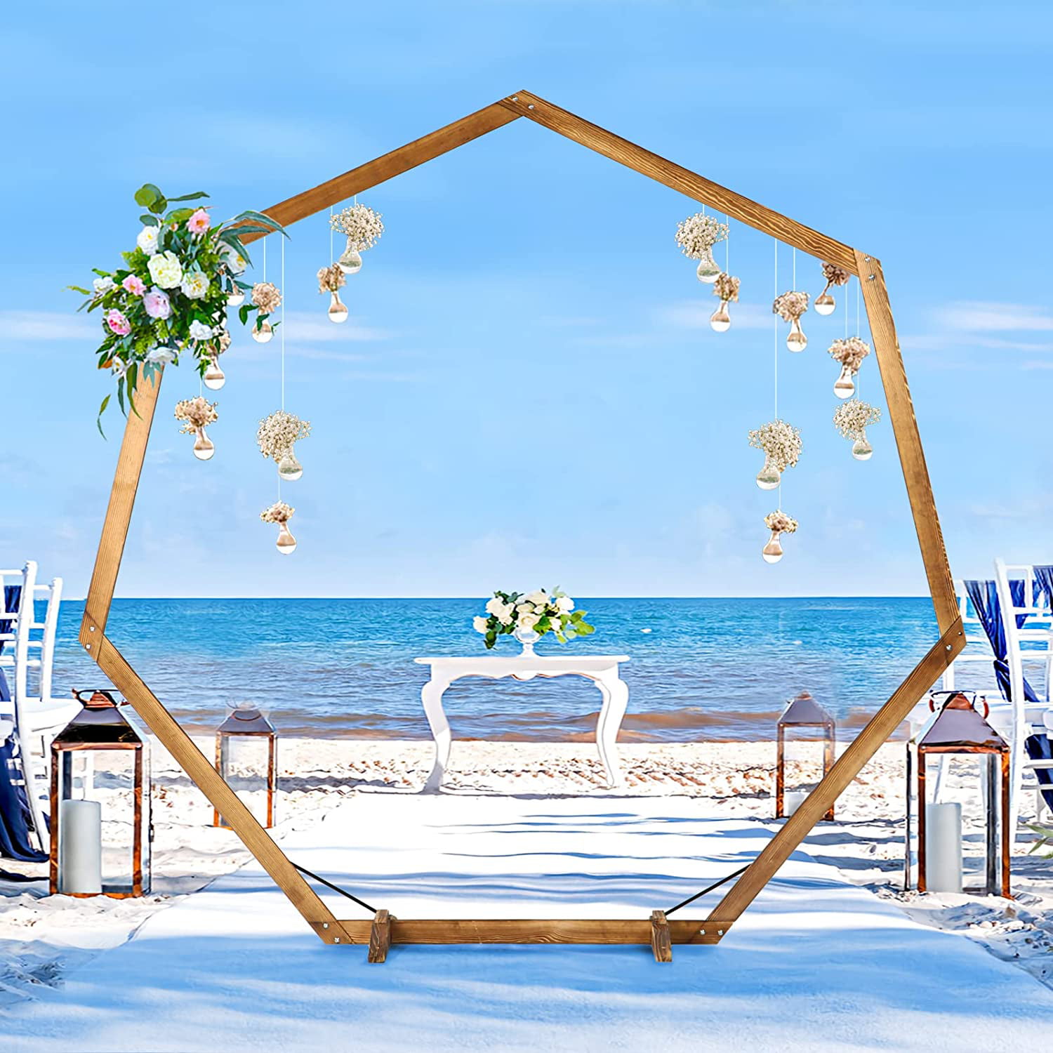 Wedding Arbor Backdrop Stand for Garden Wedding Wooden Wedding Arch Rustic Farmhouse Theme Outdoor Parties Heptagonal Wood Arch for Wedding Ceremony Indoor Wedding Arch 7.2FT 