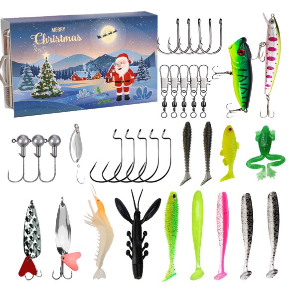 TIELUTT Fishing Advent Calendar Adult MenTeen Boys 24 Day Fishing Countdown Calendar Xmas Fishing for Father Granpa Worm Hooks Stinky Pants Stringer Spill Tackle Stuff for Mens Deep Drop Rigs Saltwate