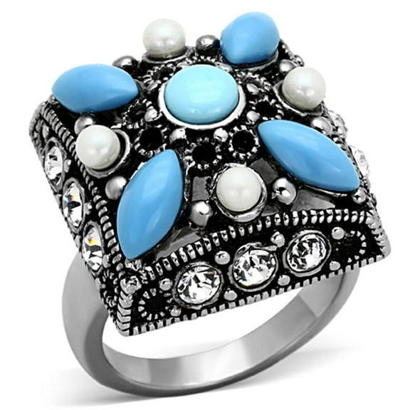 High polished (no plating) Stainless Steel Ring with Synthetic Turquoise in Sea Blue for Women Boho Theme Sea Blue Stone Color Style TK1309 Size 10