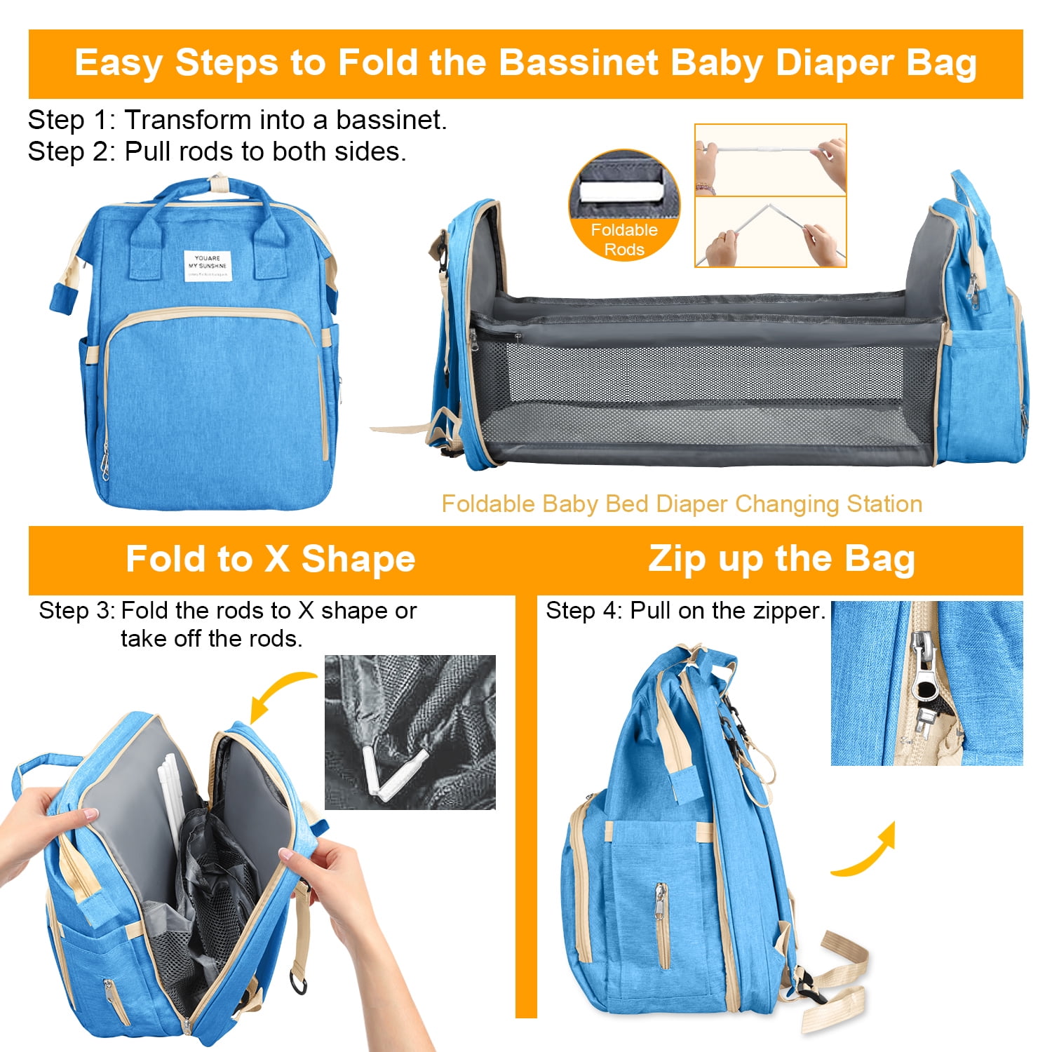 Diaper Bag Backpack,Multifunction Diaper Bag Backpack with Changing Station,Foldable Crib&Insulated Milk Bottle Pocket Large Capacity Baby Nappy Changing Bag Travel Backpack w/ Stroller Straps,Blue