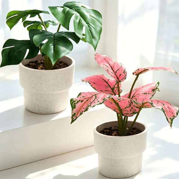 CasaVibe 2-Pack Artificial Turtle Back Leaf Plants - Premium Realistic Faux Greenery with Pots, Tropical Indoor Outdoor Decor