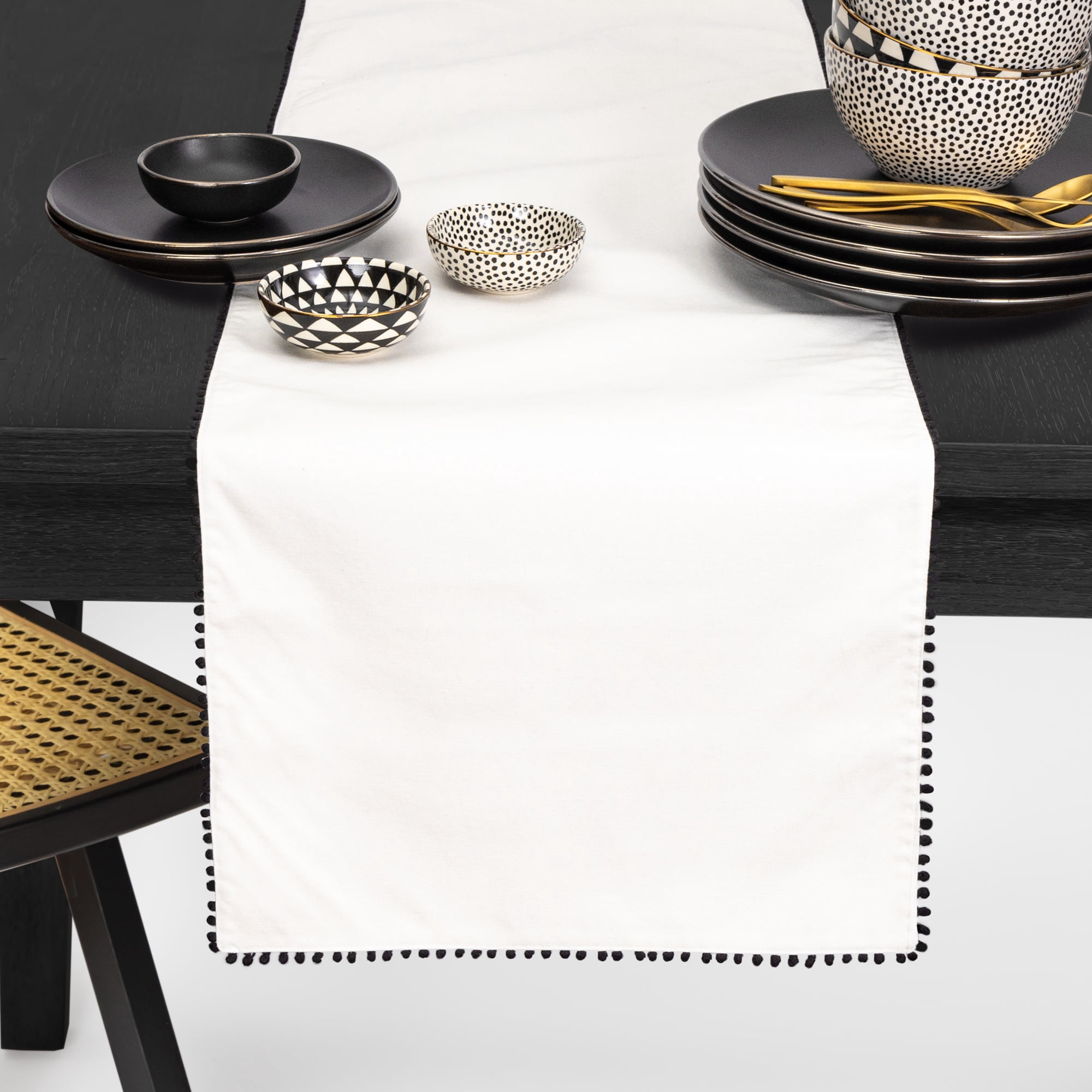 Thyme & Table Table Runner, Ivory with Black Pom Pom Trim, 14 x 72"