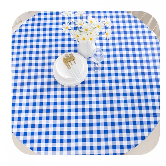 AUQ Indoor Outdoor Patio Round Fitted Vinyl Tablecloth,Flannel Backing,Elastic Edge,Waterproof Wipeable Cover,Blue-White Gingham Plaid Check Plastic for 6-Seat Table of 43-56’’ Diam