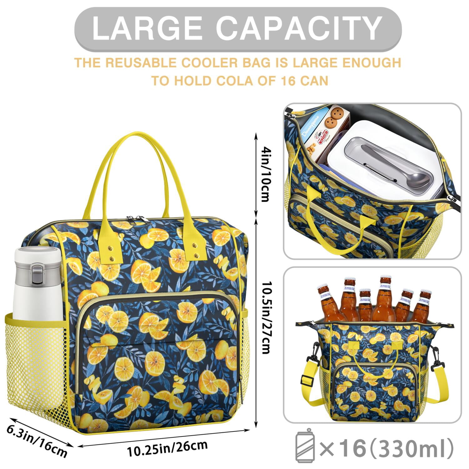 Modern Lemon & Floral Insulated Tote Bag - 100% Leakproof Thermal Lunch Box for Office Workers, Students, Fitness Enthusiasts