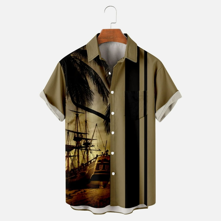 Vsssj Hawaiian Shirts for Men Relaxed Fit Tropical Palm Tree Sunset Print Short Sleeve Button Down Tees Summer Vacation Casual Tops Coffee S, Men's