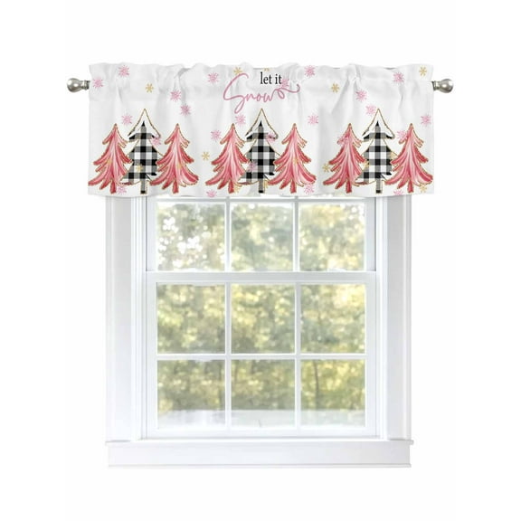 Pink Christmas Tree Valances for Windows Winter Snow Snowflakes Plaid Abstract Rod Pocket Curtains Valance Short Window Treatment Drapes for Living Room, Bedroom Bathroom 54" W x 18" L