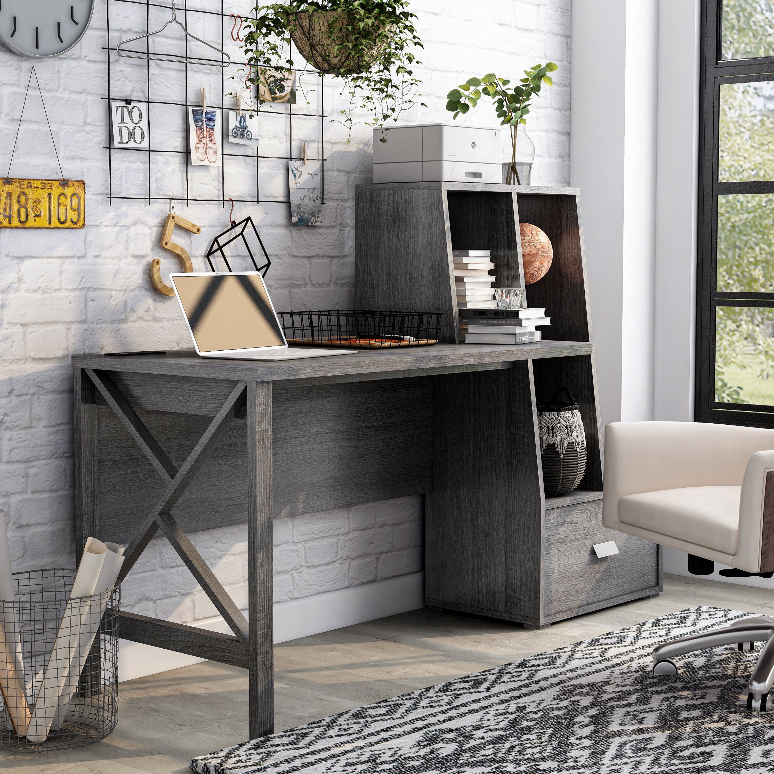 Furniture of America Sinclar 70-inch Desk with USB Port, Distressed Gray