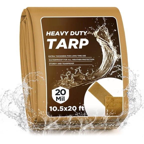 20 Mil Heavy Duty Waterproof Tarp, 10.5x20ft Brown Tarpaulin with Reinforced Webbing Loops, Multipurpose Oxford Fabric Tarp for Firewood, Roof, Camping, Pool