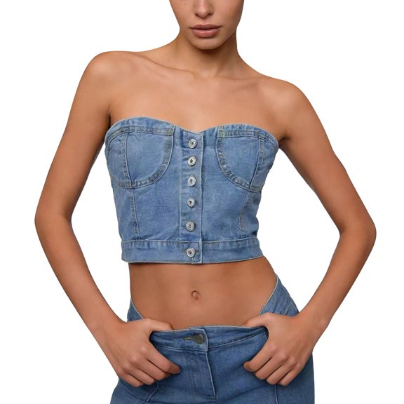 Dressy Tops for Women Strapless Washed Denim Bustier Corset Sleeveless Vest Tops Summer Tops