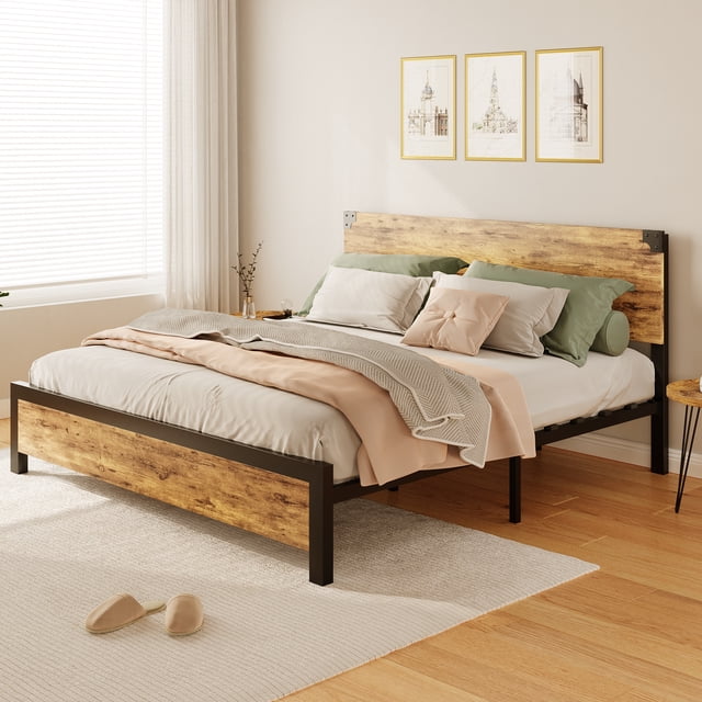 King Size Kids' Metal Platform Bed Frame with Wooden Headboard – Underbed Storage, Sturdy, Noise-Free, No Box Spring Needed, Easy Assembly, Rustic Vintage, New Structure Drawerless Wooden Bed KING