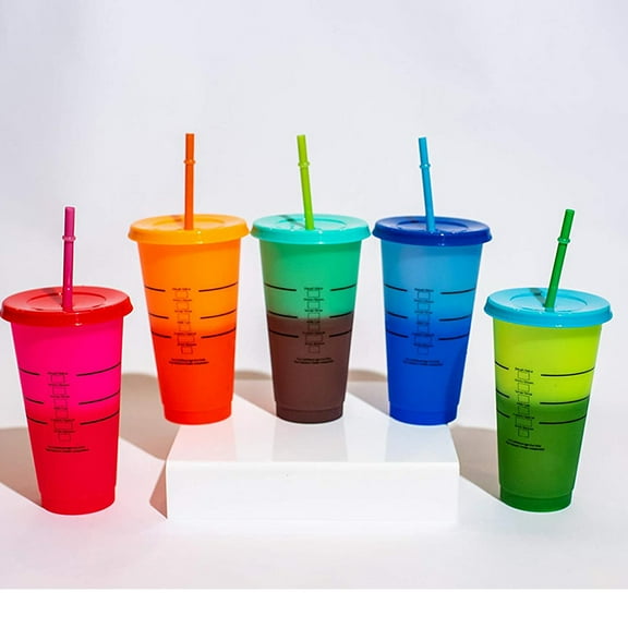 Codream Reusable 5 Hard Plastic Venti 24 oz Frosted Ice Cold Drink Cup With Lid and Straw Color Changing
