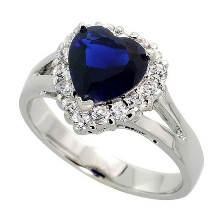 8m Sapphire - Sterling Silver Blue Sapphire Cubic Zirconia Ring Heart Shape Rhodium finish, sizes 5 - 9