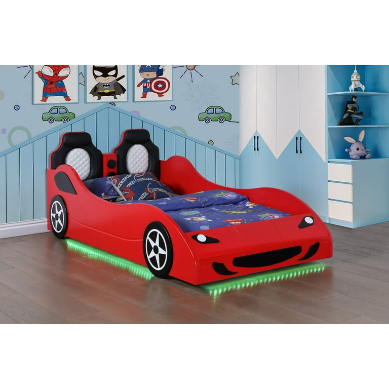 Coaster Cruiser Wood Twin LED Race Car Bed with 7-inch Mattress in
