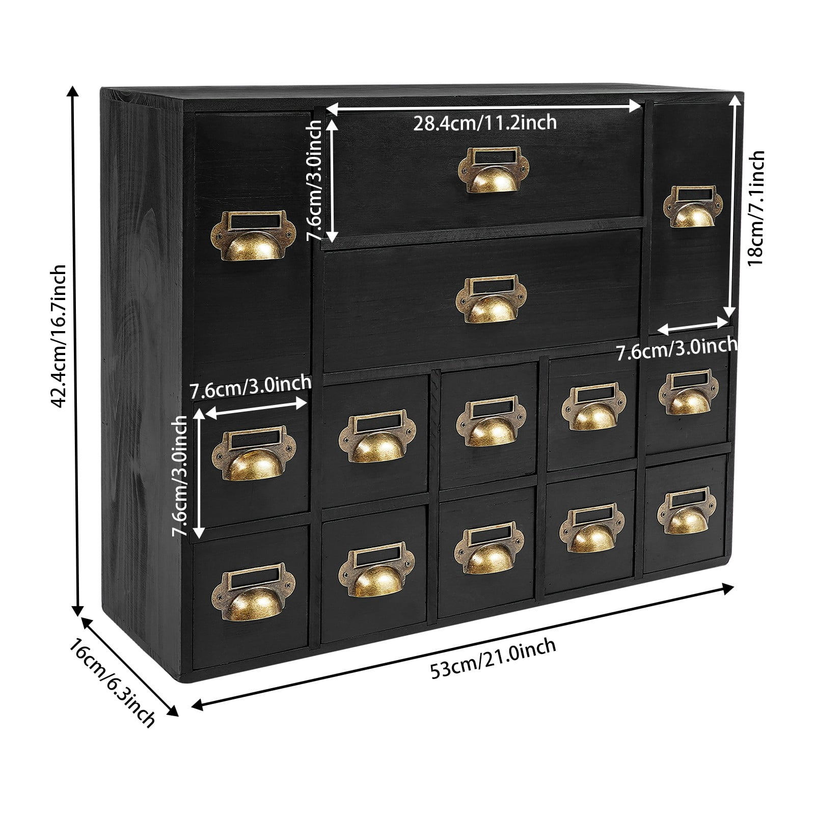 14-Drawer Wood Desk Drawer Organizer, Vintage Tabletop Apothecary Cabinet with 3 different size, Card Catalog Cabinet Desk Organizer for Medicine, Tea Bags, Instant Coffee and Office Supplies (Black)