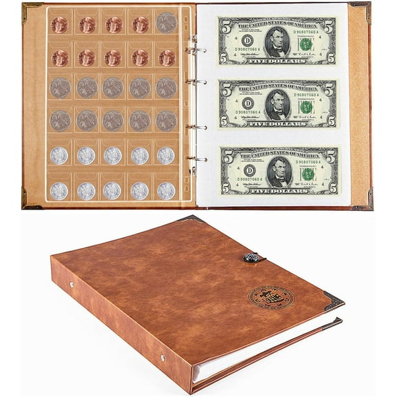 Coin Collection Book Holder for Collectors, 150 Pockets Coin Album & 240 Sleeves Paper Money Currency Organizer Display Storage Case for Collection Supplies