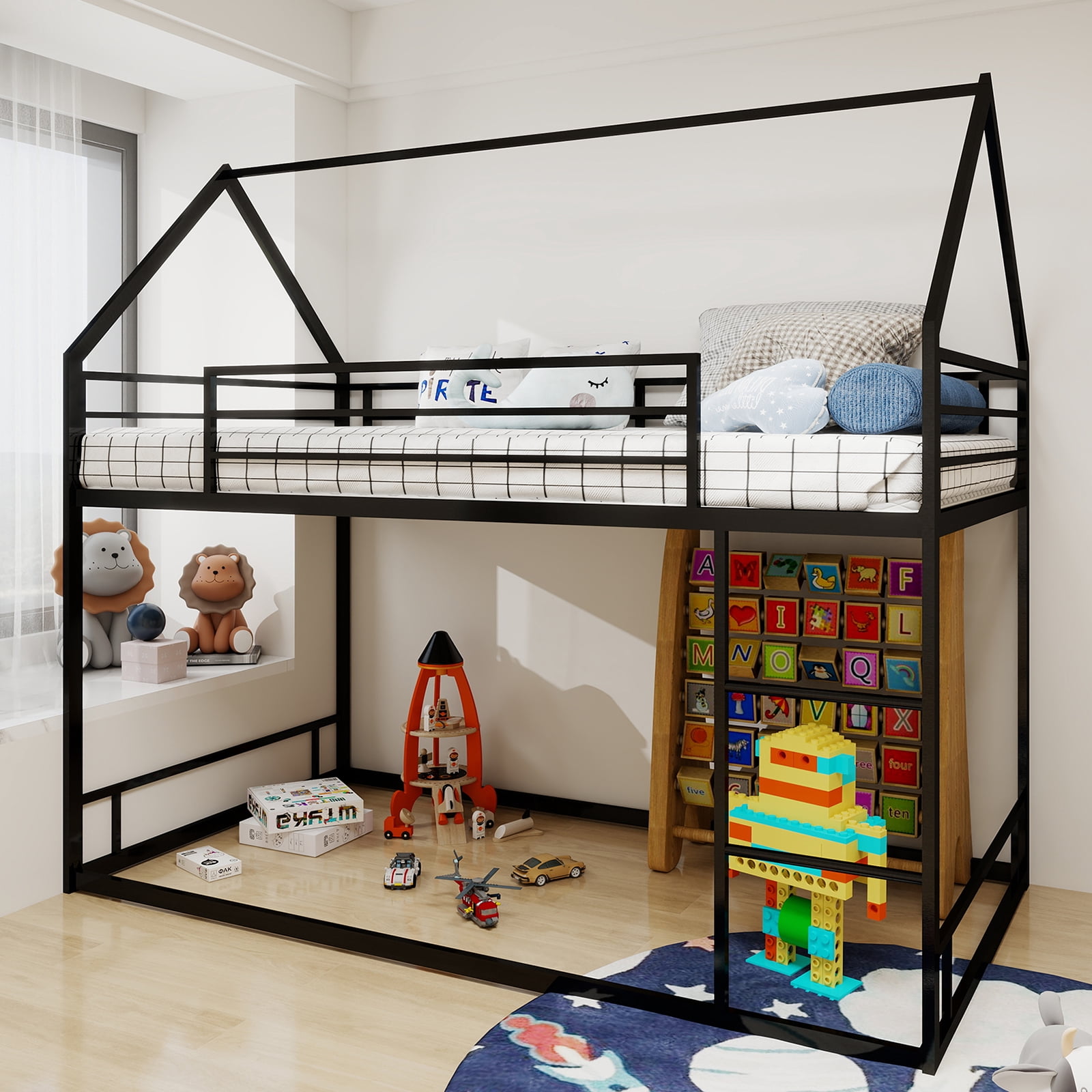 Yoneston Kids Twin Over Twin House Bunk Bed, Metal Twin Size Bunk Bed with Full-Length Guardrail and Ladder for Boys Girls Teens, Easy Assembly, Black