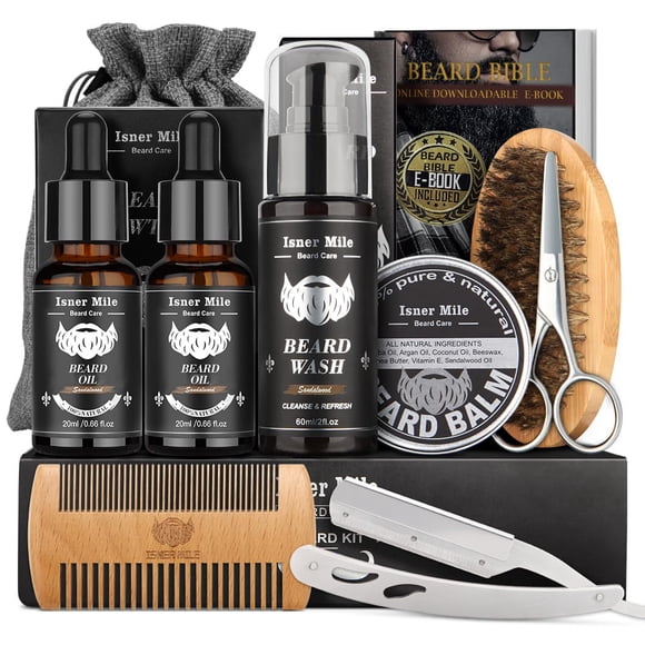 Kit de cuidado y recorte para barba Isner Mile con champú, aceite y bálsamo