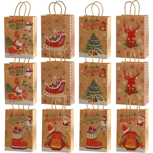 sacs Cadeaux De Nol,12 Pice Sac Cadeau Noel En Papier Kraft Pochette Cadeau Noel Reutilizable Sac Papier Cadeau Noel Avec Poigne Pochettes De Nol