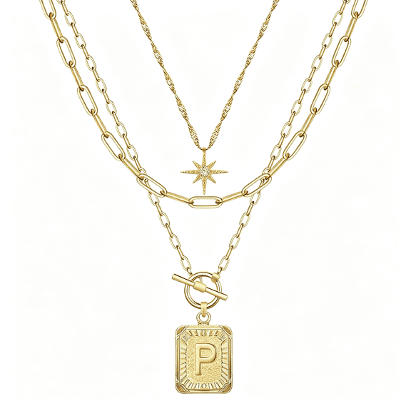 DESIGNICE Layered Initial Necklaces for Women,14K Gold Plated Brass,Star Choker,Square Letter Pendant,Paperclip Chain Initial Necklace Gold