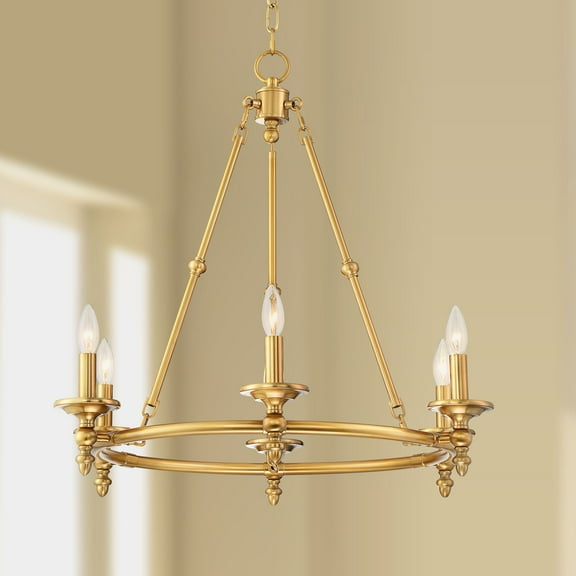 Stiffel Warm Antique Brass Wagon Wheel Chandelier 28" Wide Farmhouse Rustic 6-Light Fixture for Dining Room Living House Foyer Kitchen Island Entryway