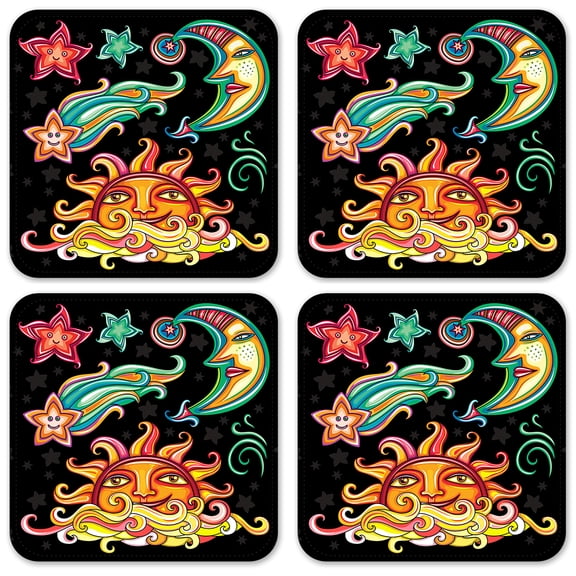 Vinyl Drink Coasters - Set of 4 - Colorful Sun, Stars & Moon